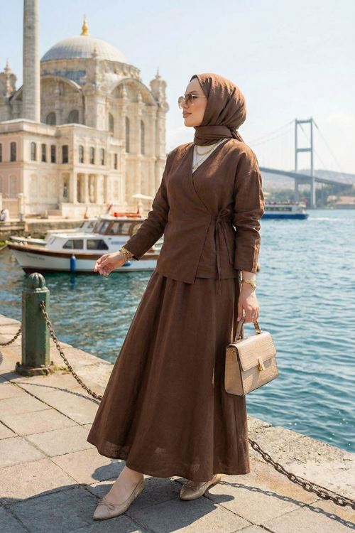 Yandan Bağlamalı Etekli Takım-Kahve
