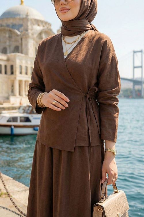 Yandan Bağlamalı Etekli Takım-Kahve