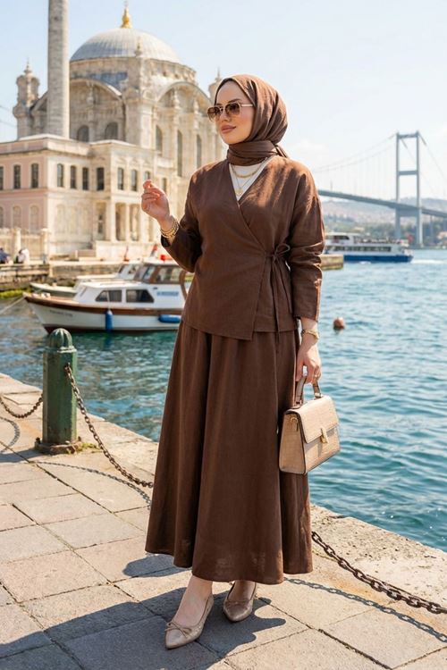 Yandan Bağlamalı Etekli Takım-Kahve
