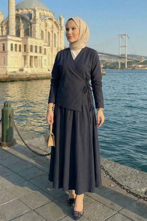 Yandan Bağlamalı Etekli Takım-Lacivert