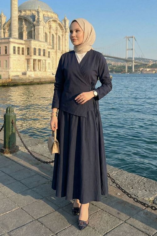 Yandan Bağlamalı Etekli Takım-Lacivert