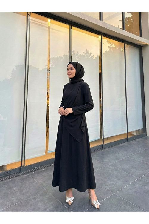 Aller Yandan Aksesuarlı Elbise-Siyah