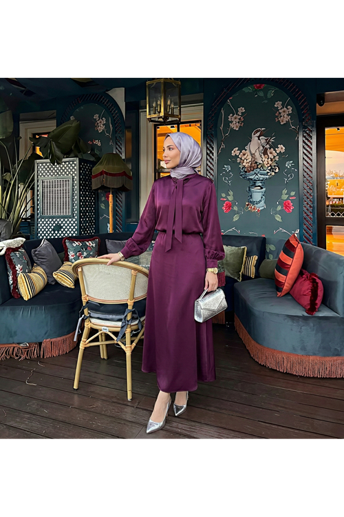 Yaka Bağlamalı Saten Etekli Takım-Mürdüm