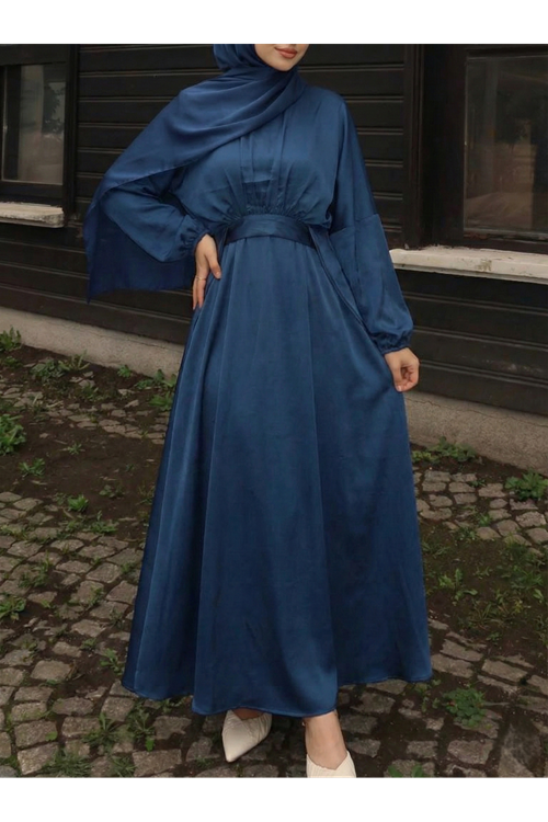 Bağlama Detaylı İkili Saten Elbise-Petrol Mavisi