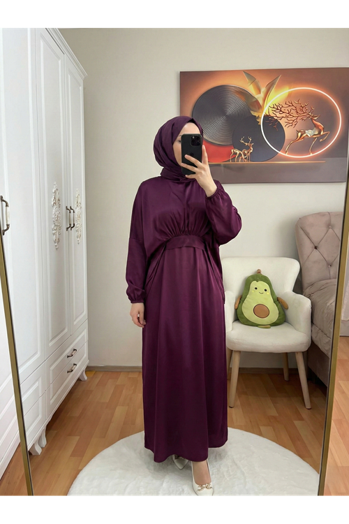 Bağlama Detaylı İkili Saten Elbise-Mürdüm