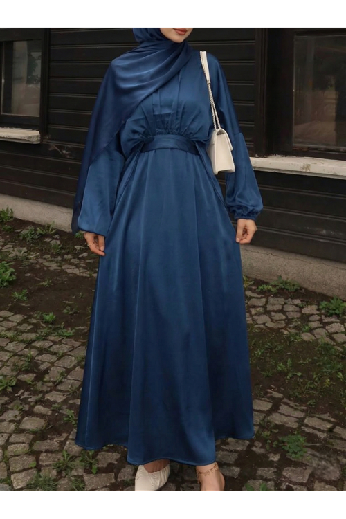 Bağlama Detaylı İkili Saten Elbise-Petrol Mavisi