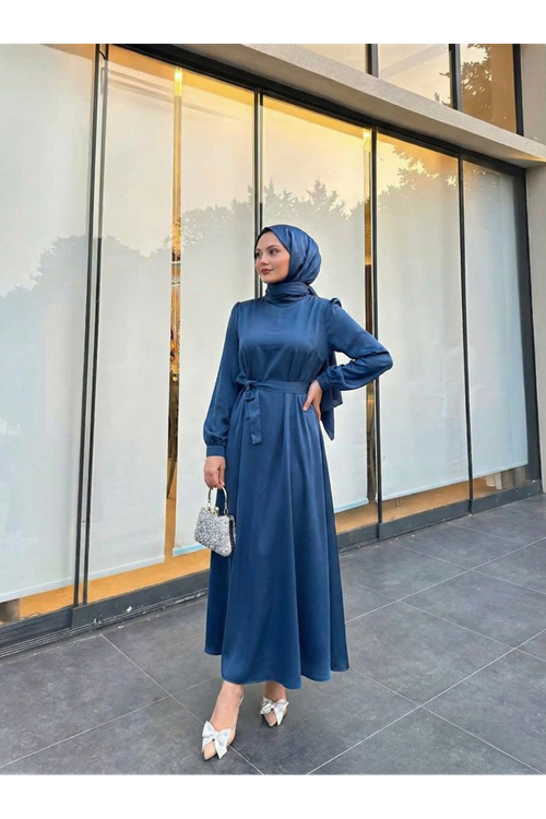 Kuşak Detay Saten Elbise-Petrol Mavisi
