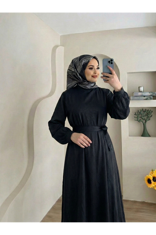 Kuşak Detay Saten Elbise-Siyah