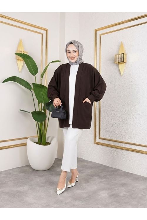 Cep Detay Atlas Hırka-Kahve