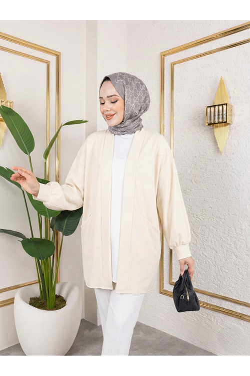 Cep Detay Atlas Hırka-Krem