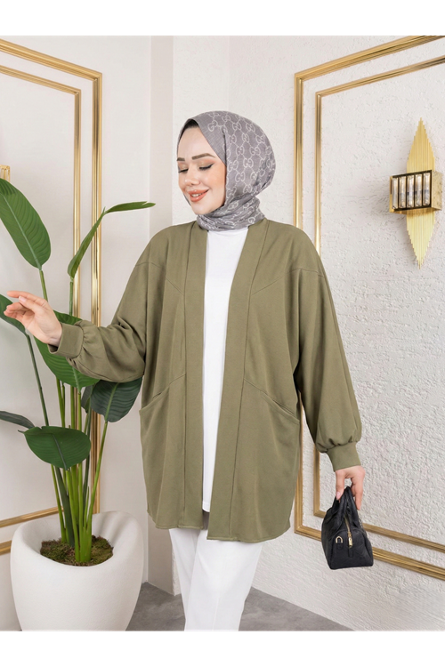 Cep Detay Atlas Hırka-Açık Haki