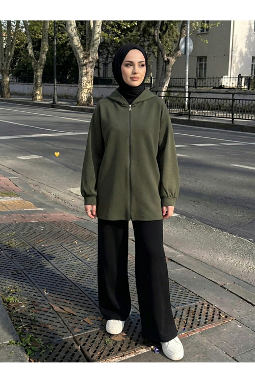 Kapşon Detay Fermuarlı Hırka-Haki