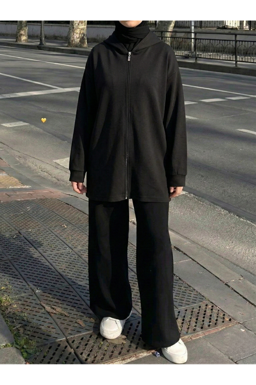 Kapşon Detay Fermuarlı Hırka-Siyah