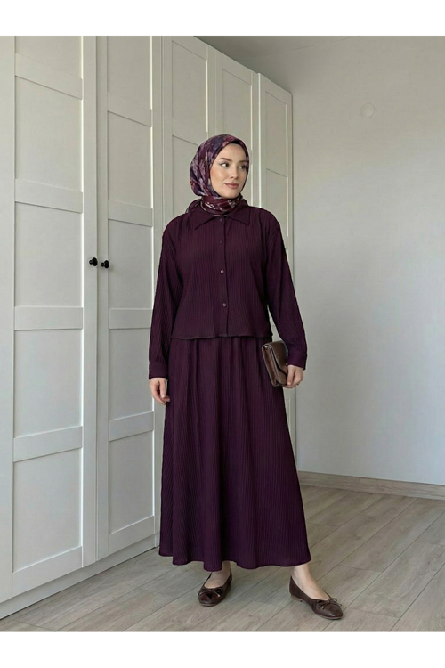 Omuz Pile Detay Etekli Takım-Bordo