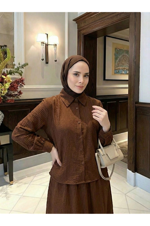 Omuz Pile Detay Etekli Takım-Kahve