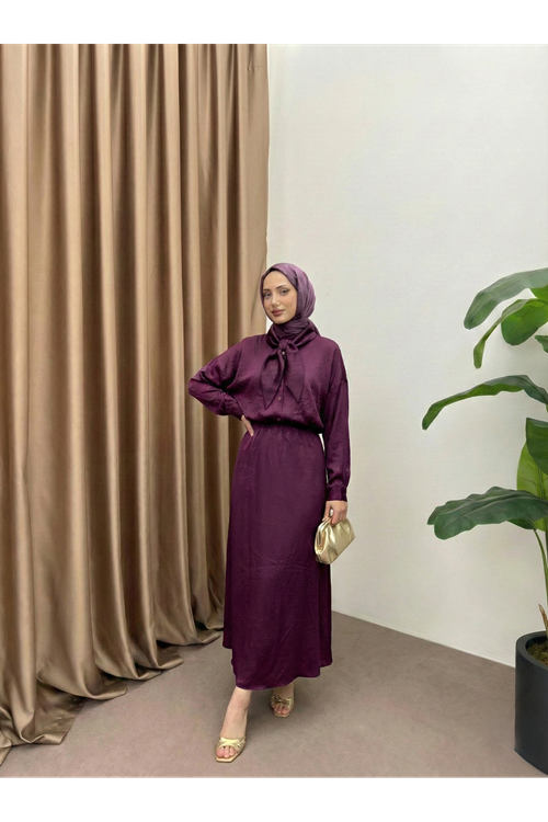 Yaka Detay Etekli Saten Takım-Mürdüm