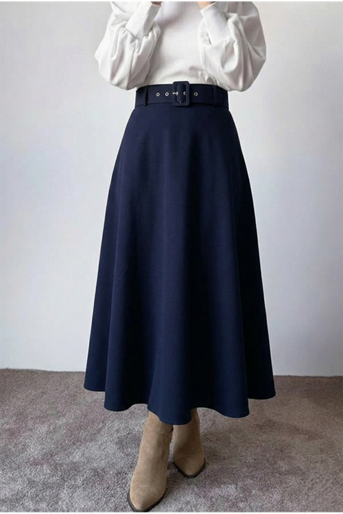 Kemerli Kloş Etek-Lacivert