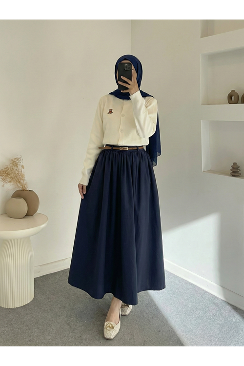 Cepli Kemerli Büzgülü Etek-Lacivert
