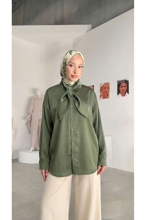 Yaka Detay Saten Tunik-Haki