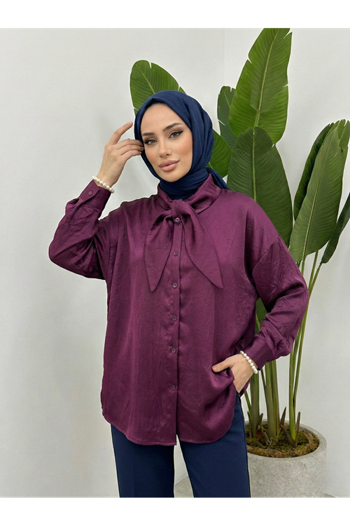 Yaka Detay Saten Tunik-Mürdüm