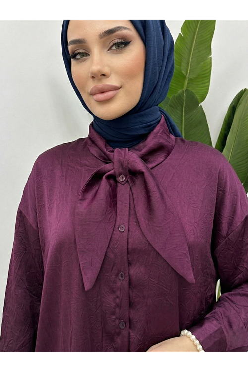 Yaka Detay Saten Tunik-Mürdüm