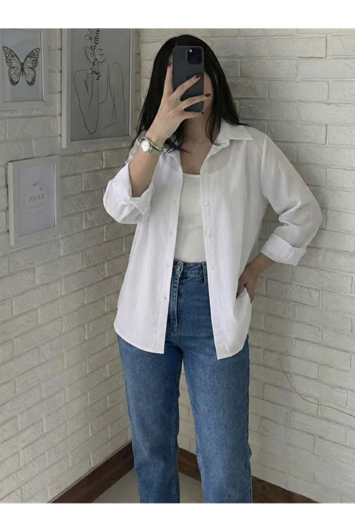 Kadın V Yaka Süveter Gömlek Yazlık Trend Modest Tesettür Tunik-Beyaz