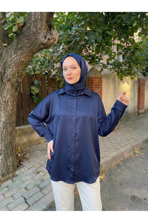 Kadın Lacivert  Saten Kumaş Yazlık Trend Tesettür Gömlek Tunik  