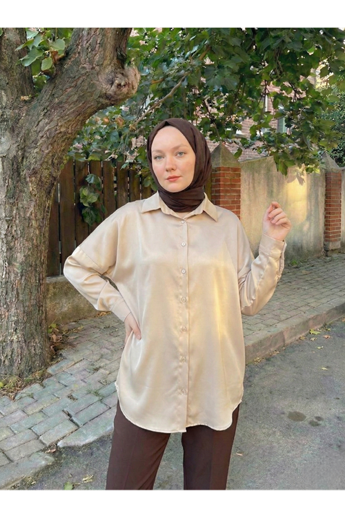 Kadın Bej Saten Kumaş Yazlık Trend Tesettür Gömlek Tunik