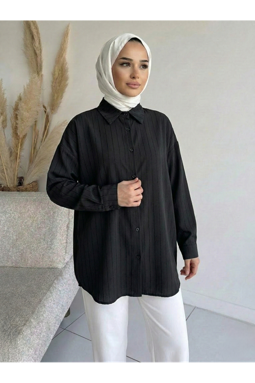 Kendinden Çizgili Tunik-Siyah