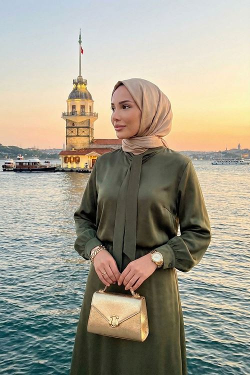 Yaka Bağlamalı Saten Etekli Takım-Haki