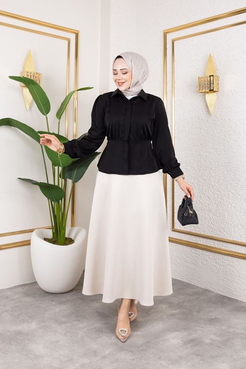 Bel Büzgülü Tunik-Siyah