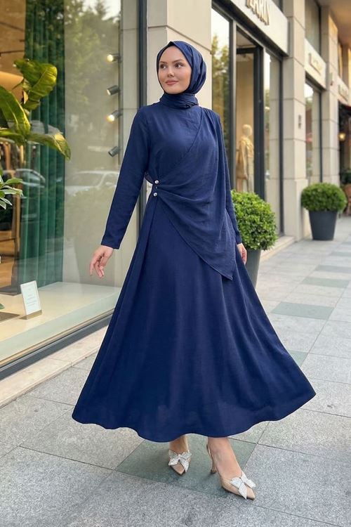 Aller Yandan Aksesuarlı Elbise-Lacivert