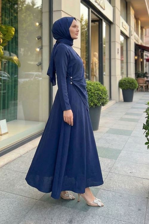 Aller Yandan Aksesuarlı Elbise-Lacivert