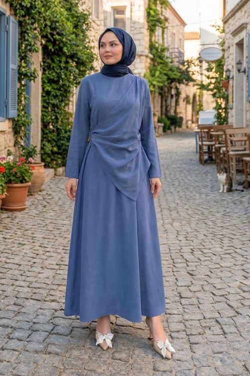 Aller Yandan Aksesuarlı Elbise-İndigo