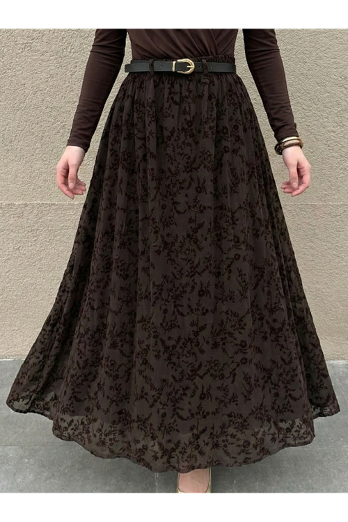 Flok Baskı Tül Etek-Kahve