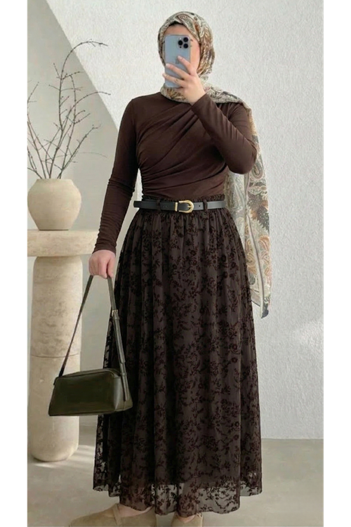 Flok Baskı Tül Etek-Kahve