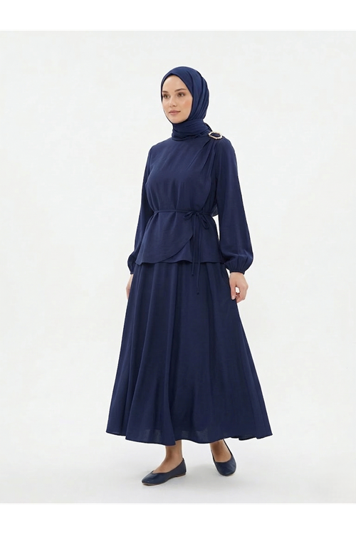 Omuz Aksesuar Pile Detay Etekli Takım-Lacivert
