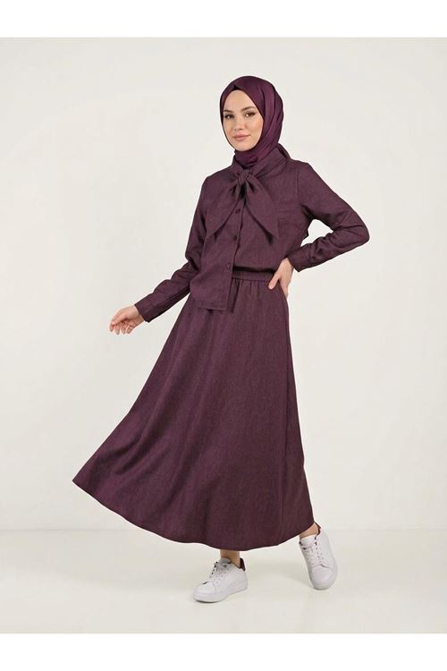 Yaka Detay Etekli Takım-Bordo