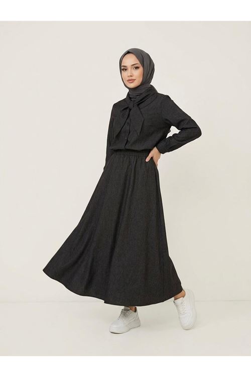 Yaka Detay Etekli Takım-Siyah