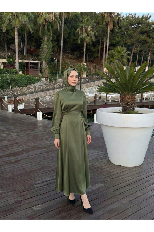 Kuşak Aksesuar Detay Saten Elbise-Haki