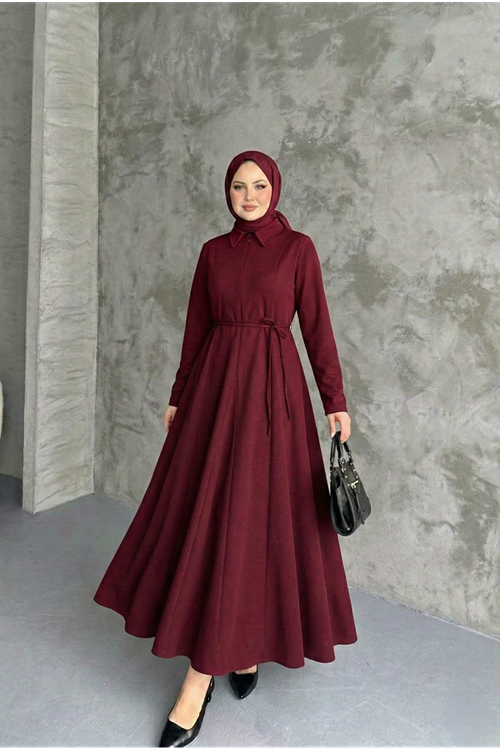 Yaka Fermuar Detay Elbise-Bordo