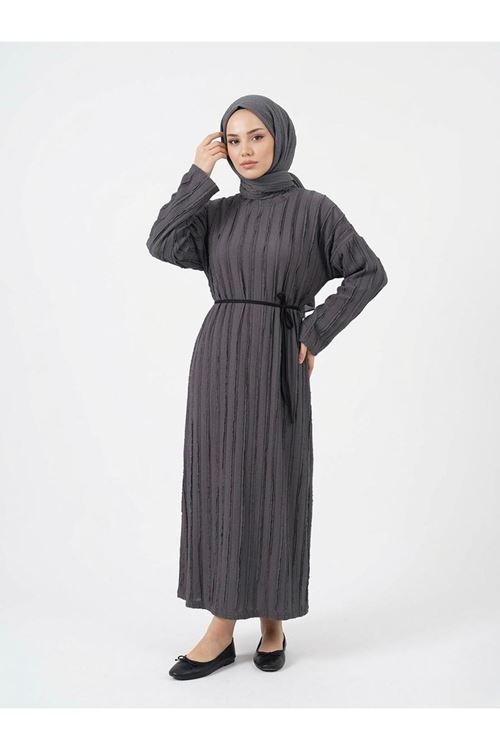 Pilise Dokulu Kemer Detay Elbise-Antrasit