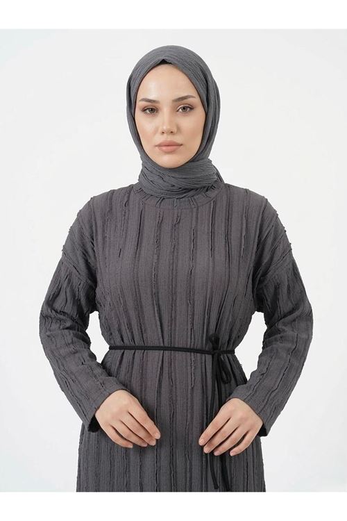 Pilise Dokulu Kemer Detay Elbise-Antrasit