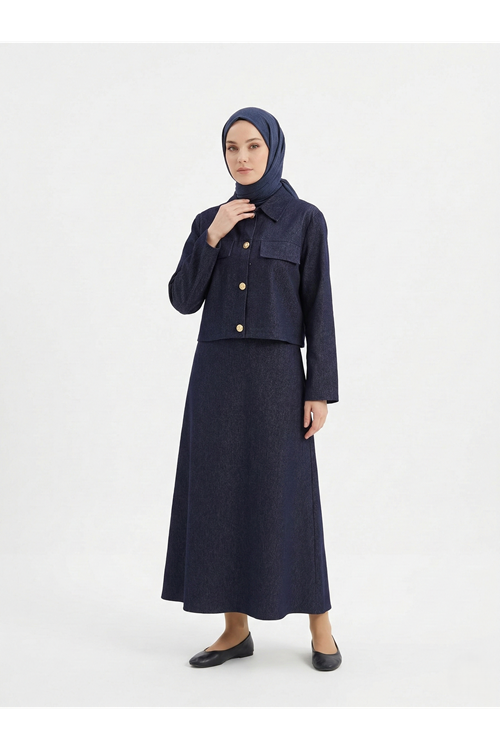 Ceket Düğme Detay İkili Elbise-Lacivert