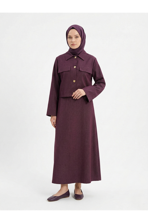 Ceket Düğme Detay İkili Elbise-Bordo