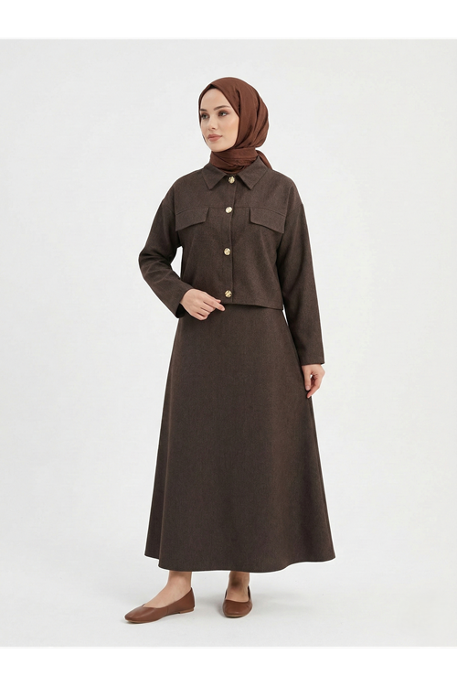 Ceket Düğme Detay İkili Elbise-Kahve
