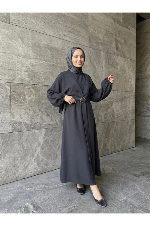 Önden Bağlamalı Aksesuar Detay İkili Elbise-Antrasit