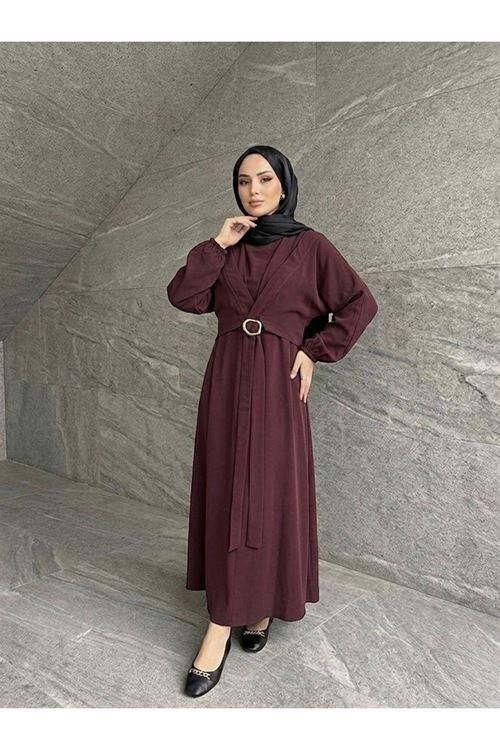 Önden Bağlamalı Aksesuar Detay İkili Elbise-Bordo