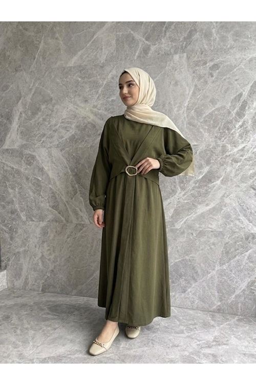 Önden Bağlamalı Aksesuar Detay İkili Elbise-Haki