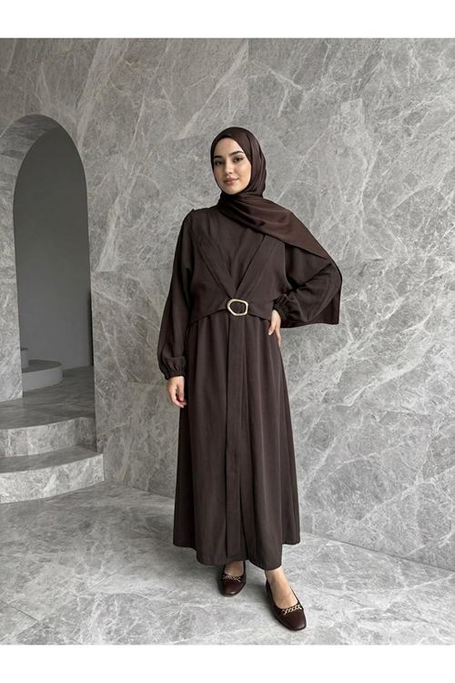Önden Bağlamalı Aksesuar Detay İkili Elbise-Kahve